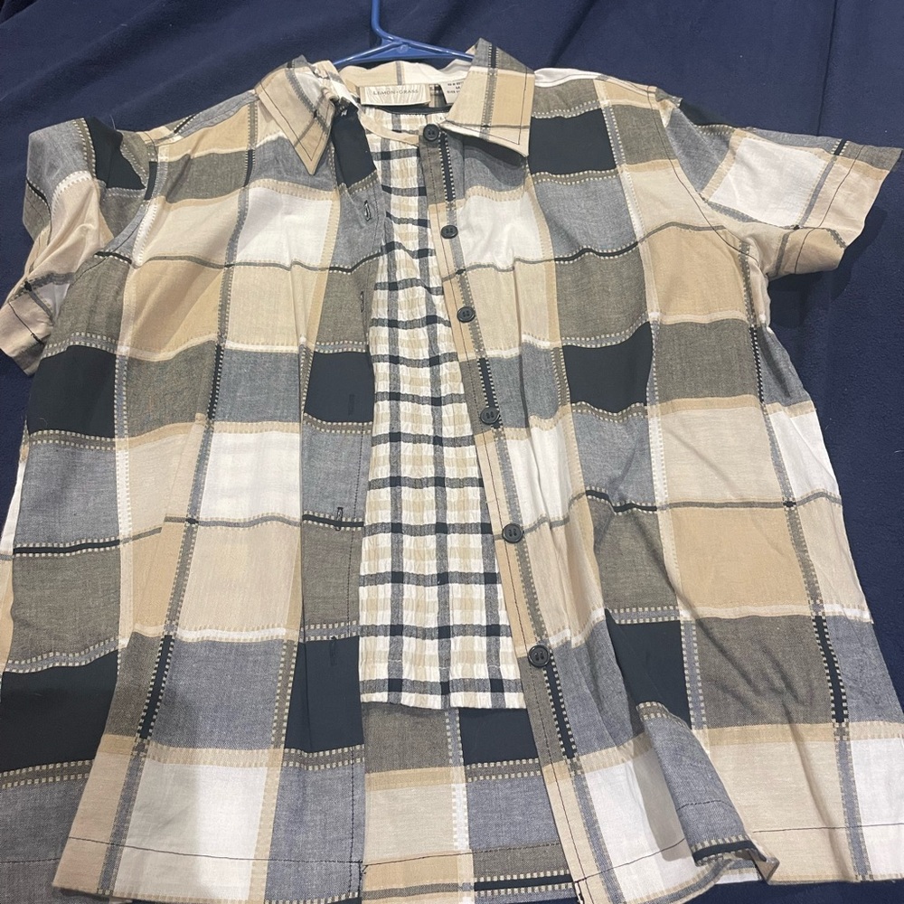 Lemon grass Studio women’s Short-Sleeve Plaid Button-Up Shirt in Beige and Black
